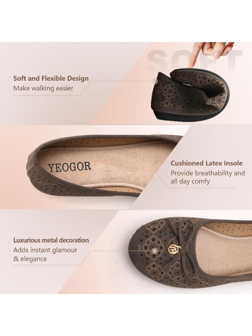 YEOGOR Women's Brown Comfort Round Toe Flat Knit Bow Classic Soft Slip On Shoes - Picture 5 of 6